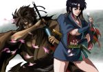  1boy 1girl bangs black_hair brown_kimono circlet hagitotoro holding holding_sword holding_weapon japanese_clothes juubei_ninpuuchou kagerou_(juubei_ninpuuchou) katana kibagami_juubee kimono kunai parted_bangs sheath sheathed sidelocks simple_background standing sword weapon wide_sleeves 
