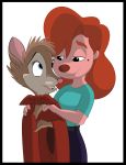  absurd_res anthro black_border blue_eyes border bottomwear canid cape clothing disney don_bluth dsketch3r_(artist) duo eye_contact female female/female goof_troop hair hand_on_shoulders hi_res looking_at_another mammal mouse mrs._brisby murid murine red_hair rodent roxanne_(goof_troop) the_secret_of_nimh topwear 