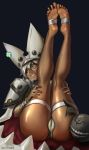  1girl ass bangs barefoot cameltoe cape collar dark_skin feet guilty_gear hands_on_own_thighs hat legs_up looking_at_viewer nextoad ramlethal_valentine short_shorts shorts silver_hair simple_background smile solo thigh_strap toned white_shorts yellow_eyes 