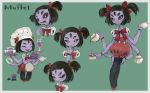  1girl black_legwear black_sclera bow bowtie bright_pupils bug cake character_name closed_mouth drinking_straw ebimomo fangs fangs_out food glass green_background hair_bow hand_up high-waist_skirt holding holding_food insect_girl looking_at_viewer muffet multiple_views open_mouth pantyhose puffy_short_sleeves puffy_sleeves red_bow red_footwear red_neckwear red_skirt shoes short_sleeves simple_background skirt slit_pupils smile spider spider_girl sweatdrop two_side_up undertale wavy_mouth wide-eyed wristband 