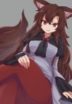  1girl animal_ear_fluff animal_ears brooch brown_hair crossed_legs dress grey_background hair_between_eyes hand_on_lap imaizumi_kagerou jewelry long_hair long_sleeves looking_at_viewer looking_down multicolored multicolored_clothes multicolored_dress red_eyes smile solo tail touhou wolf_ears wolf_tail wool_(miwol) 