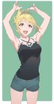  1girl :d arms_up black_shirt black_tank_top blonde_hair breasts buttons cleavage cowboy_shot fangs green_background heart henken highres open_mouth orange_eyes original shirt short_hair shorts small_breasts smile tank_top tareme thighs 