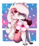  2020 accessory black_claws black_nose claws fangs female flower flower_in_hair flower_petals fur hair hair_accessory jellybeany long_hair lycanroc midnight_lycanroc multicolored_eyes nintendo petals pink_flower plant pok&eacute;mon pok&eacute;mon_(species) red_body red_fur sitting toe_claws toes video_games white_body white_fur 