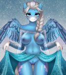  anthro areola blush bottomwear braided_hair braided_ponytail breasts casual_nudity clitoris clitoris_piercing clothing clothing_lift cosplay costume cutie_mark dress equid equine fan_character female frozen_(movie) genital_piercing genitals hair hi_res icy_heart looking_at_viewer mammal my_little_pony navel nipple_piercing nipples nude pegasus piercing pubes pussy pussy_piercing queen_elsa_(frozen) rexiwiksi skirt skirt_lift snow solo thigh_gap wings 