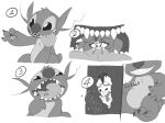  absurd_res alien ambiguous_gender baby_pok&eacute;mon bodily_fluids claws comic disney duo experiment_(lilo_and_stitch) eyebrows eyewear feral goggles hi_res internal lilo_and_stitch macro male male_pred micro monochrome nintendo open_mouth oral_vore pichu pok&eacute;mon pok&eacute;mon_(species) saliva smile sparky_the_chu stitch_(lilo_and_stitch) swallowing teeth toe_claws tongue tongue_out video_games vore 
