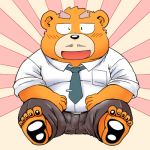  1:1 2020 anthro black_nose blush bottomwear brown_body brown_fur clothing fur humanoid_hands kemono low_res male mammal necktie overweight overweight_male pants shirt sitting solo topwear toshi_(artist) ursid 
