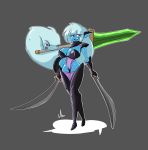  amhidden big_breasts blue_body blue_skin breasts cleavage clothed clothing female hi_res holding_object humanoid humanoid_pointy_ears living_hair melee_weapon mouth_hold red_eyes simple_background slime sword weapon 