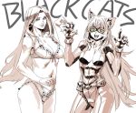  2girls :d animal_ear_fluff animal_ears archvermin bangs belt black_cat_(marvel) black_cat_(marvel)_(cosplay) black_hanekawa blue_eyes bodysuit bow bow_bra bow_panties bra breasts breasts_apart cat_ears center_opening claws cleavage closed_mouth collarbone cosplay costume_switch covered_navel crossover domino_mask felicia_hardy gloves hands_up hanekawa_tsubasa hanekawa_tsubasa_(cosplay) highres large_breasts lingerie long_hair looking_at_viewer marvel mask medium_breasts monochrome monogatari_(series) multiple_girls navel nekomonogatari open_mouth panties paw_pose skin_tight slit_pupils smile spider-man_(series) spot_color standing straight_hair superhero teeth trait_connection underwear underwear_only utility_belt very_long_hair yellow_eyes 