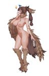  1girl absurdres bare_shoulders bird bird_wings book breasts brown_eyes brown_hair claws cleavage collarbone cutesexyrobutts debauchery_in_caelia_kingdoms facial_mark finger_to_mouth gradient hat highres light_bulb long_hair looking_up medium_breasts navel nipples owl paid_reward patreon_reward ponytail staff thighhighs transparent_background wings 