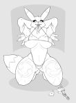  &lt;3 &lt;3_eyes 2020 anthro areola areola_slip armpit_hair armwear big_breasts bikini black_and_white black_sclera body_hair breasts bridal_gauntlets canid canine clothed clothing clothing_lift digimon digimon_(species) eyelashes fangs female front_view hands_behind_head hi_res kneeling mammal markings micro_bikini monochrome navel neck_tuft nipple_outline partially_clothed renamon skimpy smile solo strikeanywhere swimwear teasing teeth thick_thighs tuft under_boob 
