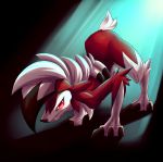  2016 ambiguous_gender anthro black_background black_claws black_nose canid canine claws fangs fur hair lycanroc mammal midnight_lycanroc night nintendo pok&eacute;mon pok&eacute;mon_(species) red_body red_eyes red_fur seon-tc sharp_teeth simple_background teeth toe_claws toes video_games white_body white_fur white_hair 