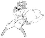  2019 4_fingers 4_toes absurd_res anthro bandanna big_breasts bottomwear breasts clothed clothing digital_media_(artwork) eyewear female fingers fluffy fluffy_tail fully_clothed fur greyscale hair hi_res kitsuneten looking_at_viewer mammal monochrome navel shirt shorts simple_background sitting sketch smile snout solo sunglasses toes topwear tuft white_background 