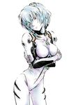  ayanami_rei bad_id bad_pixiv_id blue_hair bodysuit crossed_arms head_tilt matsuda65 neon_genesis_evangelion plugsuit red_eyes short_hair simple_background skin_tight solo standing white_bodysuit 