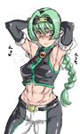  abs armpits blush braid elbow_gloves gloves green_hair long_hair marion_(shinrabanshou) midriff muscle oekaki seritsumi shinrabanshou smile solo steam sweat 