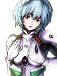  ayanami_rei blue_hair bodysuit hands_on_own_chest head_tilt koyama_(gantz0409jp) lips neon_genesis_evangelion plugsuit red_eyes short_hair simple_background skin_tight solo white_bodysuit 