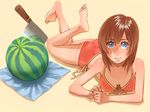 barefoot bikini blue_eyes brown_hair feet food fruit higurashi_no_naku_koro_ni ryuuguu_rena solo swimsuit watermelon zenkou 