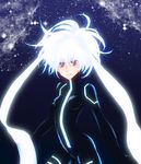  bad_id bad_pixiv_id bodysuit darker_than_black glowing glowing_hair littlebird-idel neon_trim night night_sky purple_eyes sky solo star_(sky) starry_sky white_hair yin 