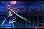  angel_beats! hand_sonic moon mutsuki_(moonknives) night purple_eyes school_uniform silver_hair solo tenshi_(angel_beats!) weapon 