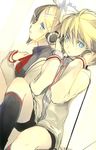  absurdres blonde_hair blue_eyes headphones kagamine_len kagamine_rin sad short_shorts sitting socks twins vocaloid 