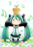  aqua_eyes aqua_hair aqua_neckwear balancing_on_head beamed_eighth_notes black_legwear black_skirt blush chibi collared_shirt detached_sleeves eighth_note flower_pot grey_shirt hatsune_miku hello_planet_(vocaloid) highres long_hair long_sleeves musclecar musical_note necktie no_mouth no_nose object_on_head on_head pleated_skirt shirt simple_background sixteenth_note skirt solo thighhighs twintails vocaloid white_background wide_sleeves wing_collar zettai_ryouiki 