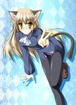  animal_ears blonde_hair breasts cat_ears cat_tail glasses kamiya_tomoe long_hair medium_breasts panties panties_under_pantyhose pantyhose perrine_h_clostermann solo strike_witches tail thigh_gap underwear uniform world_witches_series yellow_eyes 