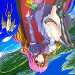  bird black_panties boots breasts cape cross-laced_footwear day dress falcon flying gradient_hair high_heels highres hijiri_byakuren kado lace-up_boots large_breasts long_hair multicolored_hair panties scenery shoes sky smile solo sorcerer's_sutra_scroll thigh_boots thighhighs thighs touhou underwear yellow_eyes 