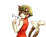  animal_ears bad_id bad_pixiv_id brown_eyes brown_hair cat_ears cat_tail chen looking_back multiple_tails nyan paw_pose shibasaki_shouji simple_background solo tail touhou white_background 