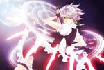  apron bad_id bad_pixiv_id clock danmaku gloves izayoi_sakuya knife limit00 maid moon red_eyes ribbon silver_hair solo touhou 