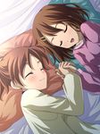  bad_id bad_pixiv_id bed blush brown_hair hair_ornament hairclip happy highres hirasawa_ui hirasawa_yui holding_hands k-on! lying multiple_girls pajamas pillow short_hair siblings sisters sleeping tsuda_akira 