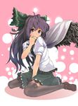  bow brown_hair eyes green_bow hair_bow long_hair moketa red_eyes reiuji_utsuho solo thighhighs touhou wings 