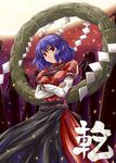  crossed_arms onbashira purple_hair red_eyes rope shide shimenawa short_hair solo touhou tsuyadashi_shuuji yasaka_kanako 