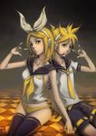  1girl \m/ blonde_hair brother_and_sister checkered checkered_floor facial_mark hair_ornament hair_ribbon hairclip headset holding_hands jianran_pan kagamine_len kagamine_rin necktie panties perspective ribbon siblings sitting star thighhighs twins underwear vocaloid yellow_eyes yellow_neckwear yellow_panties 