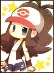  baseball_cap blue_eyes brown_hair exposed_pocket hat kabuyou pokemon pokemon_(game) pokemon_bw ponytail shorts simple_background solo star touko_(pokemon) vest wristband 