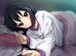  alternate_hairstyle bed black_hair blurry blush brown_eyes depth_of_field foreshortening hair_down k-on! long_hair looking_at_viewer lying nakano_azusa on_side outstretched_arm outstretched_hand pajamas pillow pov reaching ryunnu smile solo 