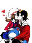  1girl alternate_costume backwards_hat bad_id bad_pixiv_id baseball_cap blush closed_eyes couple gen_2_pokemon gold_(pokemon) hat heart hetero kiss kotone_(pokemon) marill obo pokemon pokemon_(creature) pokemon_(game) pokemon_hgss thighhighs white_skin 