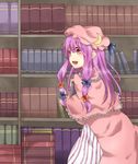  baniko_(37003700) book bookshelf bow crescent dress hair_bow hair_ribbon hat highres library long_hair patchouli_knowledge purple_eyes purple_hair ribbon solo touhou voile 