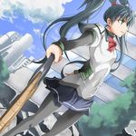  blue_hair cloud day green_eyes kaeru_(ka=l) kutuna_yui long_hair pantyhose school_uniform skirt sky solo vanguard_princess weapon 