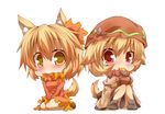  aki_minoriko aki_shizuha animal_ears blonde_hair chibi collar dog_ears dog_tail hair_ornament kemonomimi_mode kuromiya leaf_hair_ornament mouth_hold multiple_girls red_eyes siblings sisters tail touhou yellow_eyes 