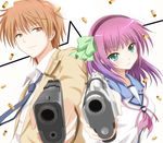  1girl aiming_at_viewer angel_beats! aqua_eyes beretta_92 brown_eyes brown_hair dansa devil_may_cry ebony_&amp;_ivory gun hairband handgun holding holding_gun holding_weapon necktie otonashi_(angel_beats!) pistol purple_hair school_uniform weapon yuri_(angel_beats!) 