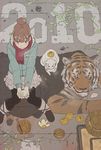  2010 blush brown_hair cat chinese_zodiac cold commentary_request flat_color muted_color new_year original pantyhose scarf sitting skirt smile tarou2 tiger white_cat year_of_the_tiger 