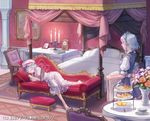  armchair barefoot bat_wings bed bedroom book braid candelabra canopy_bed carpet chair clock closed_eyes couch cup esukee flower food footstool hat indoors izayoi_sakuya lavender_hair maid maid_headdress multiple_girls pastry photo_(object) ramekin remilia_scarlet short_hair silver_hair sleeping smile teacup tiered_tray touhou twin_braids vase wings 