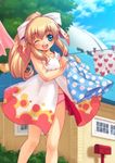  bad_id bad_pixiv_id blonde_hair blue_eyes bow capcom clothesline dress duplicate hair_bow hair_ribbon heart inou_shin long_hair one_eye_closed open_mouth panties polka_dot ponytail ribbon roll solo underwear 