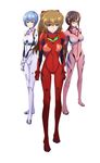  aqua_eyes ayanami_rei blue_eyes blue_hair bodysuit brown_hair evangelion:_2.0_you_can_(not)_advance glasses hairband highres koyama_(gantz0409jp) long_hair makinami_mari_illustrious multiple_girls neon_genesis_evangelion pink_bodysuit plugsuit rebuild_of_evangelion red_eyes shikinami_asuka_langley short_hair simple_background skin_tight souryuu_asuka_langley standing twintails white_bodysuit wrist_grab 