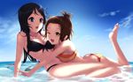  akiyama_mio alternate_hairstyle barefoot bikini black_bikini breasts brown_eyes brown_hair cait grey_eyes highres k-on! long_hair lying medium_breasts multiple_girls on_stomach one_eye_closed shiny shiny_skin swimsuit tainaka_ritsu wallpaper 