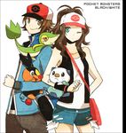  1girl bad_id bad_pixiv_id bag baseball_cap blue_eyes brown_eyes brown_hair buzz denim denim_shorts gen_5_pokemon hat jacket one_eye_closed oshawott pokemon pokemon_(creature) pokemon_(game) pokemon_bw ponytail shorts snivy tepig touko_(pokemon) touya_(pokemon) vest watch wristwatch 