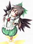  ahoge arms_behind_back bad_id bad_pixiv_id barefoot black_hair blush bow frilled_skirt frills green_bow hair_bow long_hair looking_up mochi.f red_eyes reiuji_utsuho short_sleeves skirt smile solo standing standing_on_one_leg touhou wings 