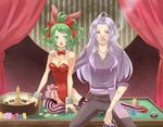  1boy 1girl animal_ears bare_shoulders blue_eyes bow bow_tie bowtie breasts bunny_ears bunnysuit card cards casino cigarette cleavage earrings female final_fantasy final_fantasy_vi green_hair jewelry jinno_shigure leotard long_hair male purple_eyes purple_hair red_ribbon ribbon scar setzer_gabbiani shigure_zank sitting smoke tattoo thigh-highs thighhighs tina_branford violet_eyes 