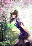  arms_behind_back black_hair brown_hair cherry_blossoms fence grey_eyes hair_ribbon leaning_forward long_hair long_skirt looking_back love_plus miyazaki_byou petals ponytail ribbon skirt smile solo standing takane_manaka 