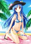  bikini blue_hair day flat_chest hat hinanawi_tenshi kneeling long_hair nikoo red_eyes solo striped striped_bikini swimsuit touhou 