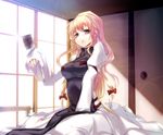  :o asskiler blonde_hair cup long_hair mug no_hat no_headwear open_mouth purple_eyes shirt sitting solo spinning taut_clothes taut_shirt touhou yakumo_yukari 